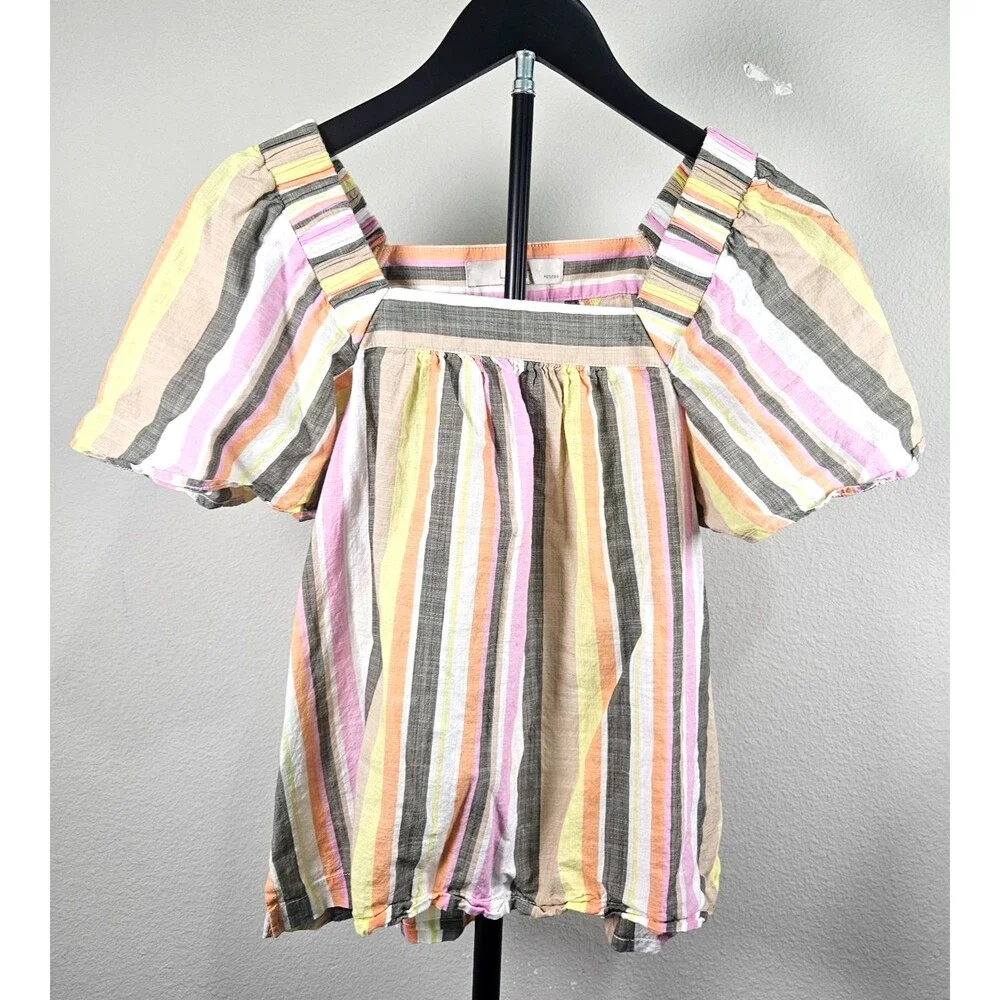 LOFT Petites XS Puff Sleeve Blouse Stripe Cotton Peasant Top Pastel‎ Summer